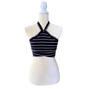 NWT Misguided Halterneck Cropped Black White Stripped Top Blouse Size 2 US/6 UK